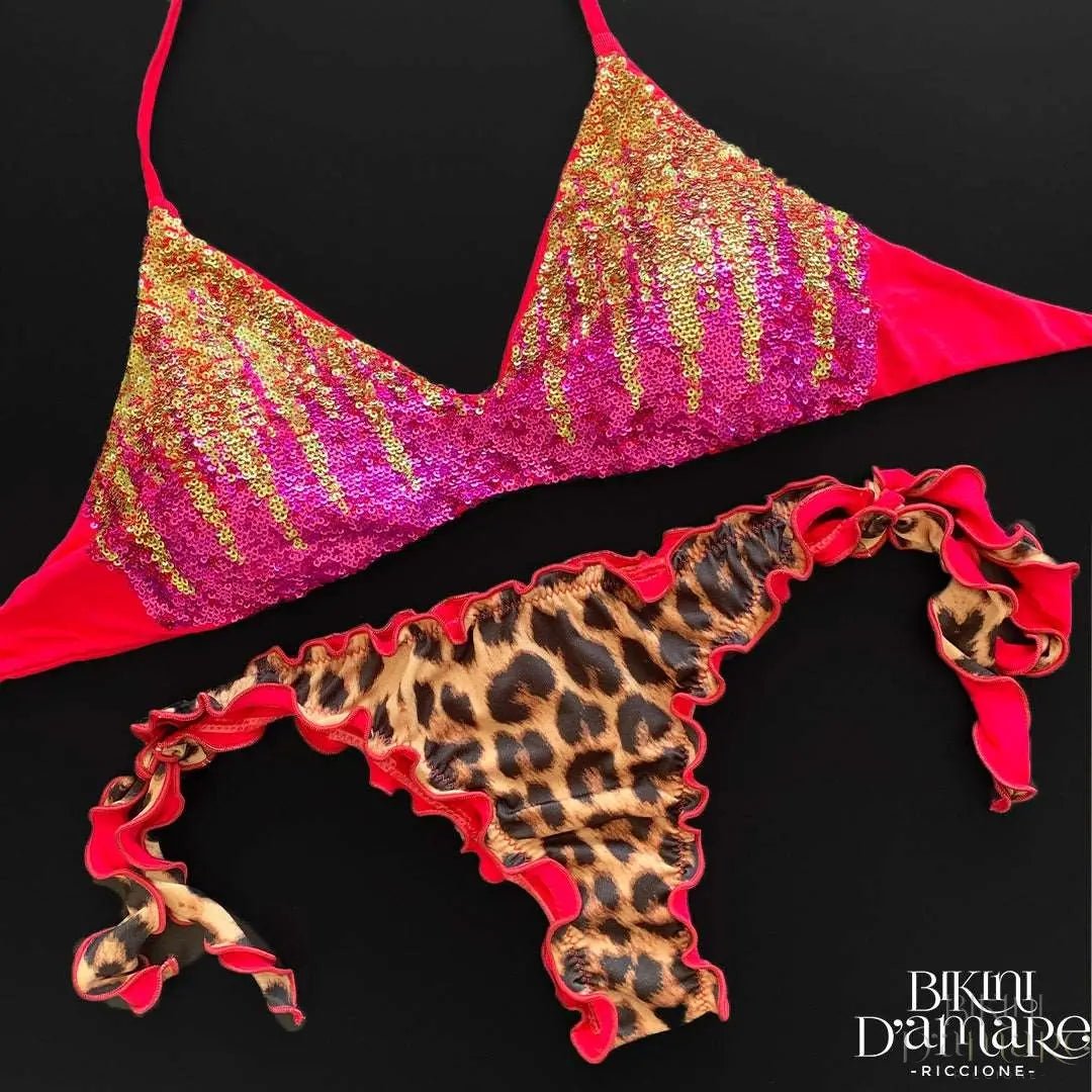 Bikini Brassiere Paillettes Fiammate Oro Fucsia