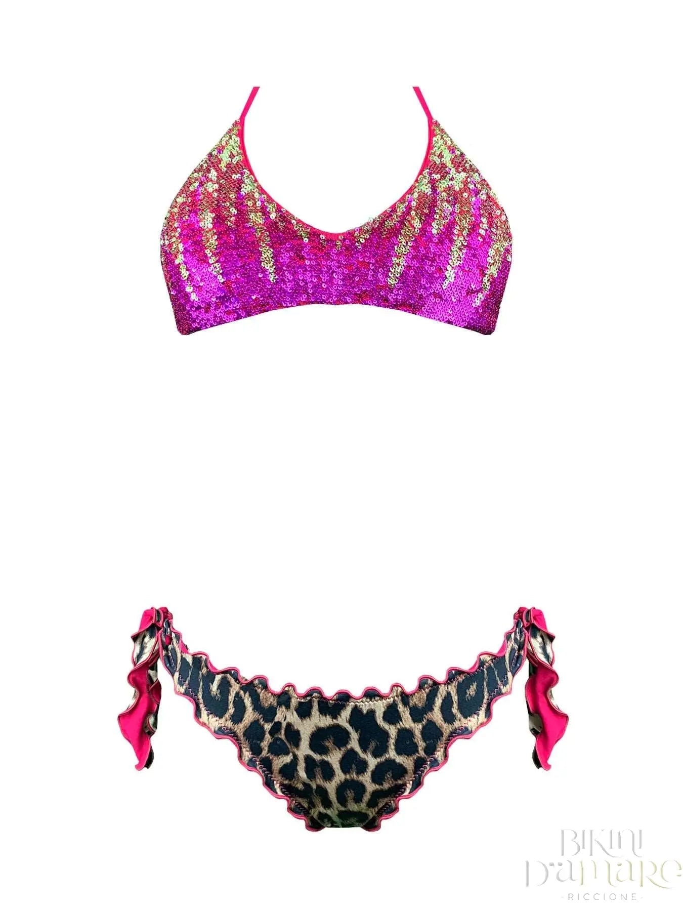 Bikini Brassiere Paillettes Fiammate Oro Fucsia