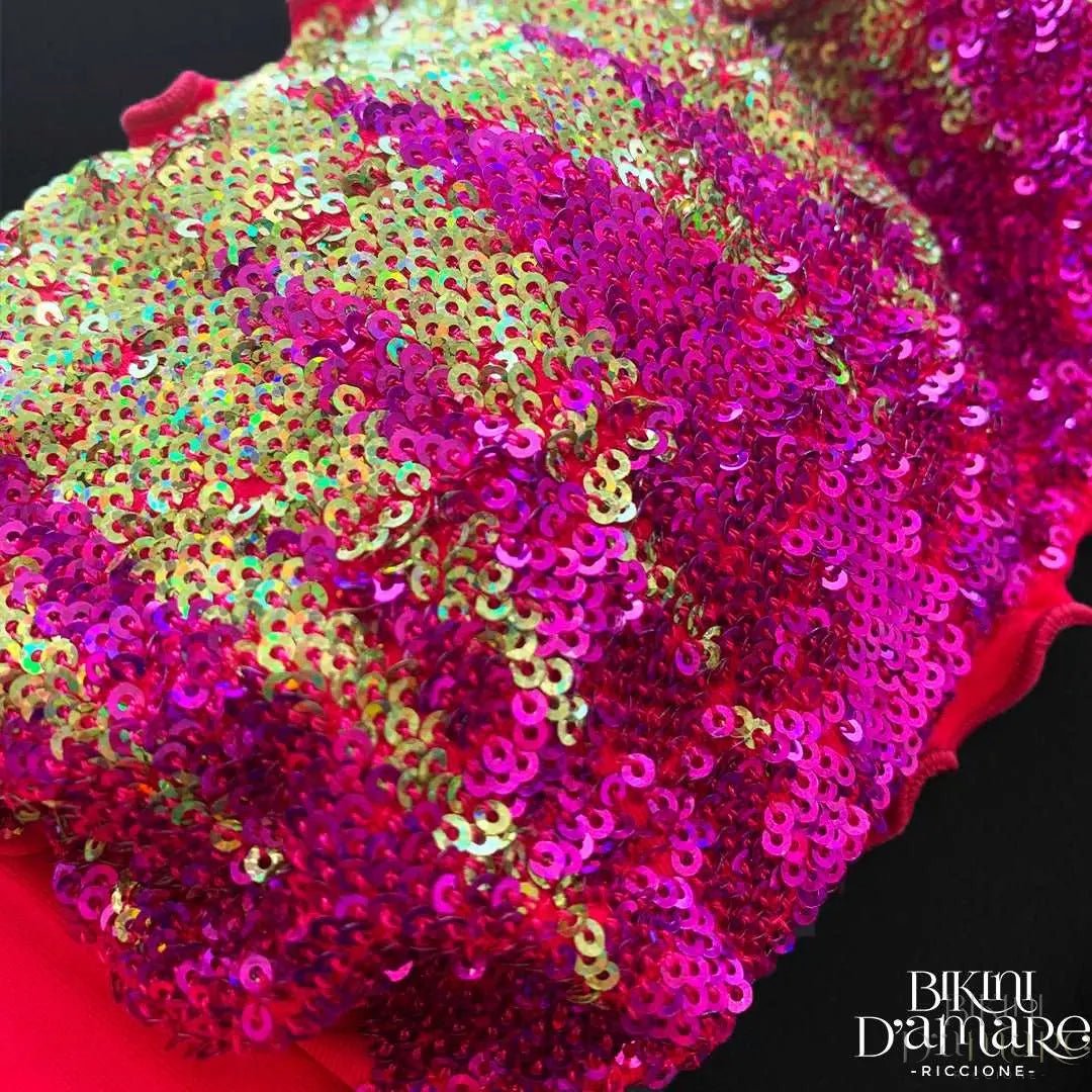 Bikini Fascia Paillettes Fiammate Oro Fucsia