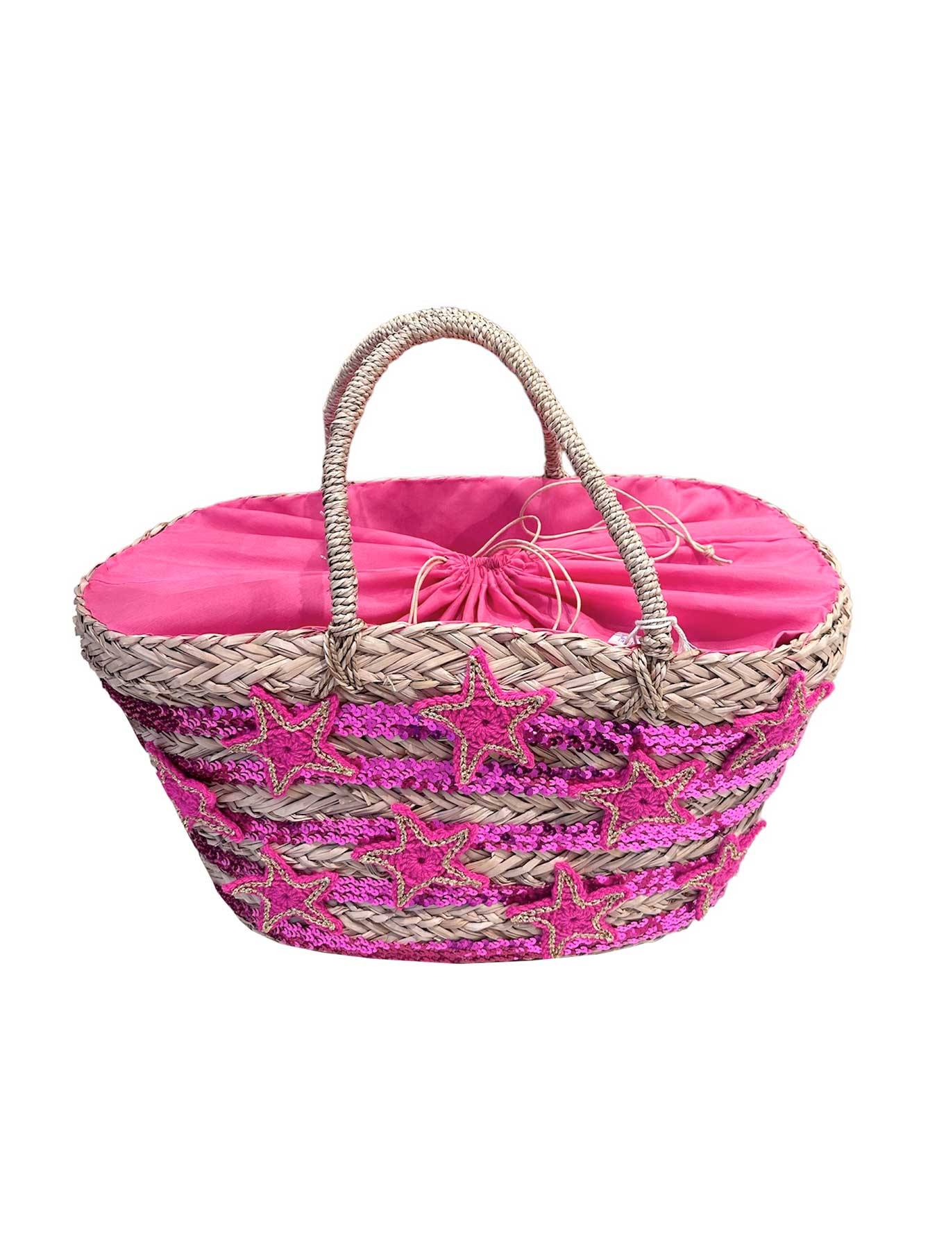 Borsa Mare di Paglia Paillettes Stelle Fucsia Bikini D'amare