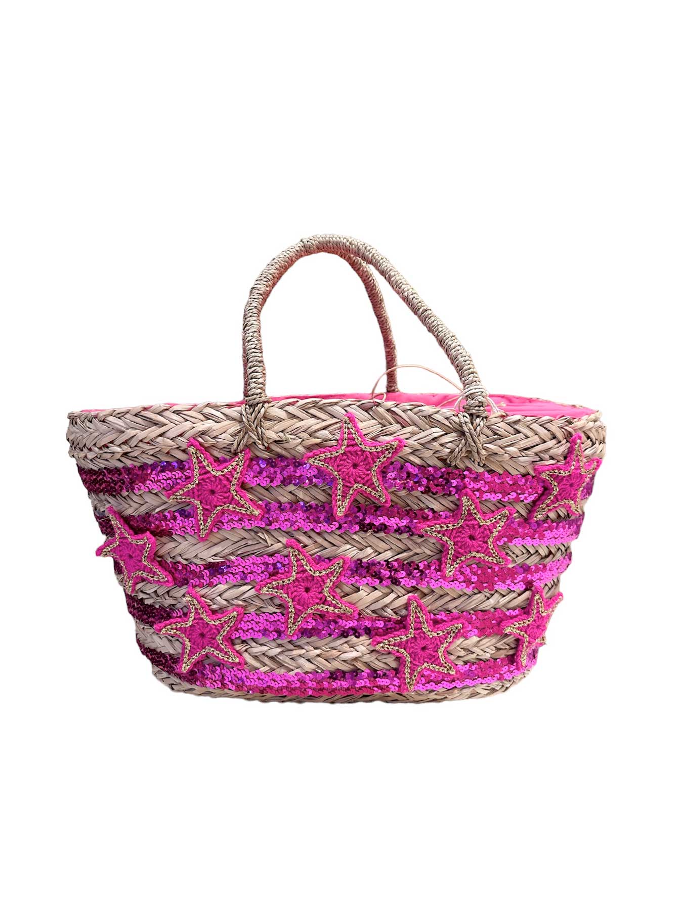 Borsa Mare di Paglia Paillettes Stelle Fucsia Bikini D'amare